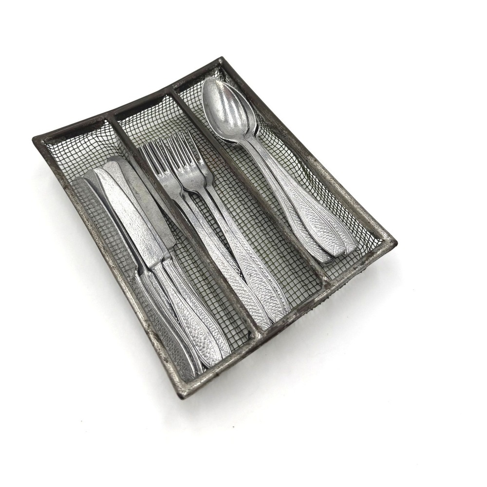 Vintage German Dollhouse Metal Flatware Set – 18 Pieces + Wire Tray